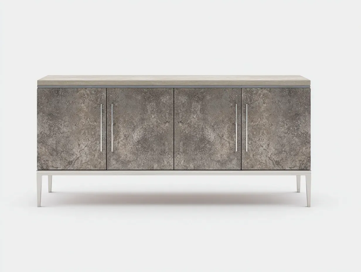 Aparador de 4 puertas acabado piedra gris con tapa clara y patas metálicas plateadas 165 x 44 x 81 cm - para salón - estilo contemporáneo y sofisticado-Lariaihome