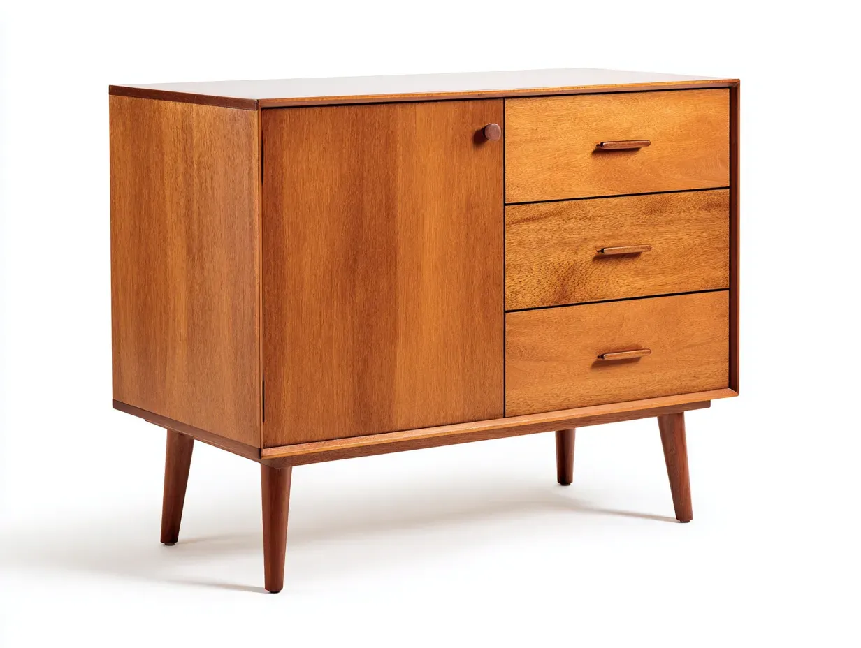 Aparador compacto de madera tono miel con 1 puerta 3 cajones y patas inclinadas 108 x 42 x 86 cm - para salón - estilo mid-century funcional-Lariaihome