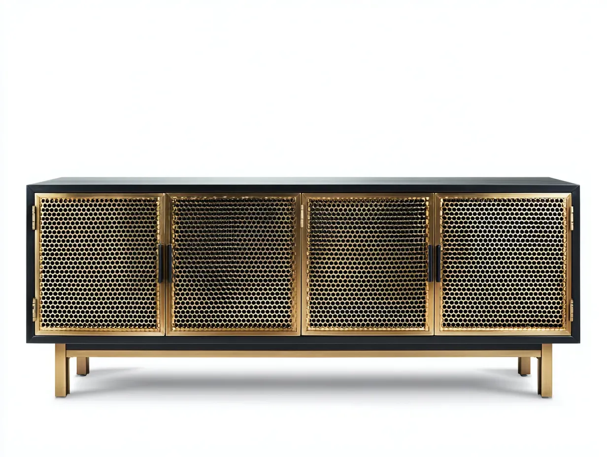 Aparador metal y madera 180 x 45 x 70 cm - negro y dorado - estilo industrial con puertas de rejilla-Lariaihome