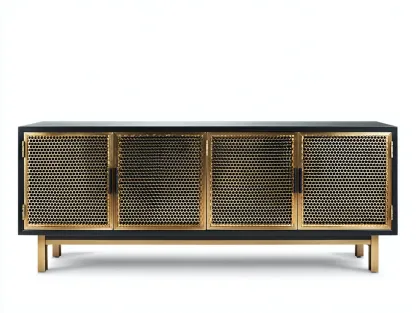 Aparador metal y madera 180 x 45 x 70 cm - negro y dorado - estilo industrial con puertas de rejilla-Lariaihome
