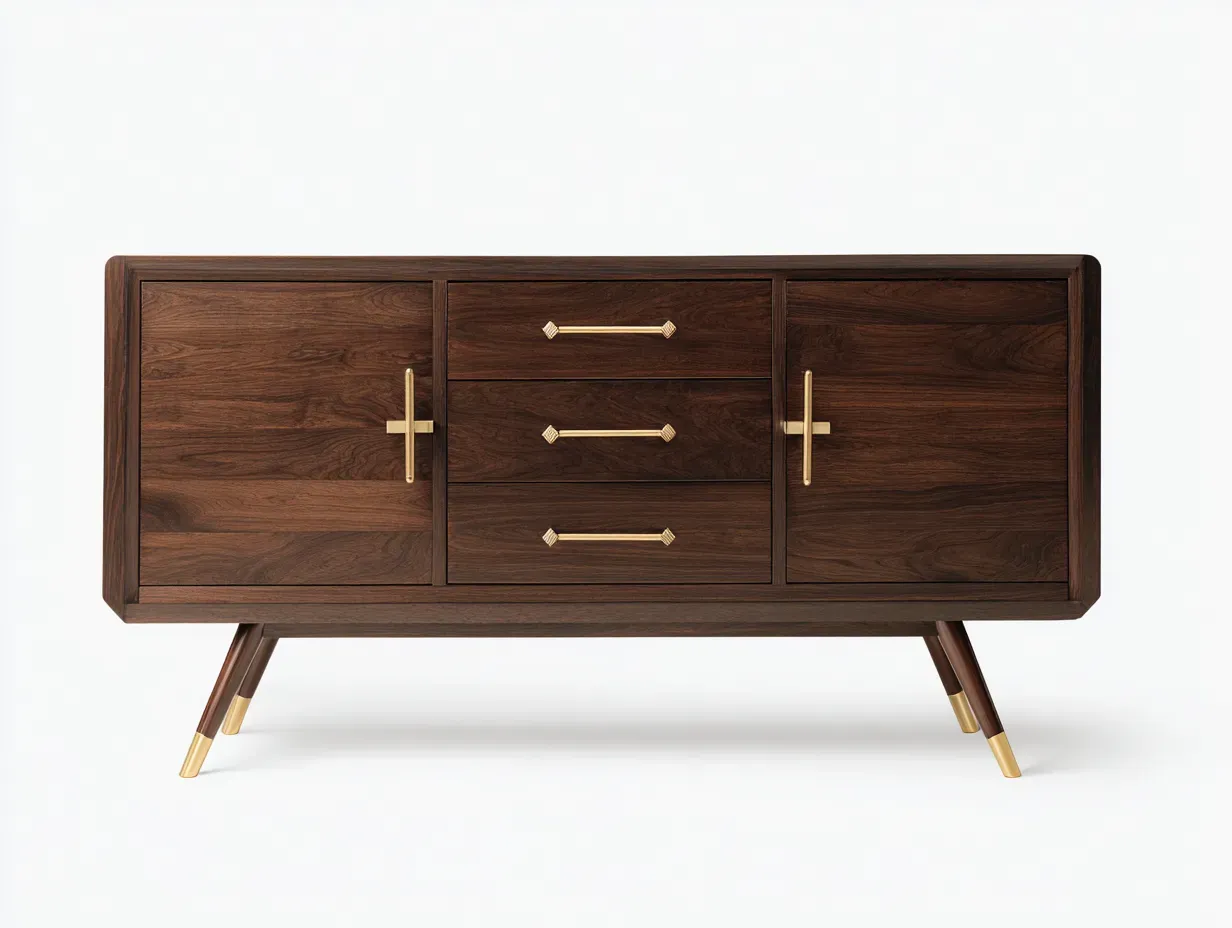 Aparador de madera nogal con 2 puertas 3 cajones centrales y detalles dorados 158 x 45 x 82 cm - para salón - estilo mid-century elegante-Lariaihome