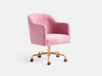 Silla de oficina tapizada 60 x 58 x 85 cm - rosa - giratoria - con base dorada y ruedas silenciosas-Lariaihome