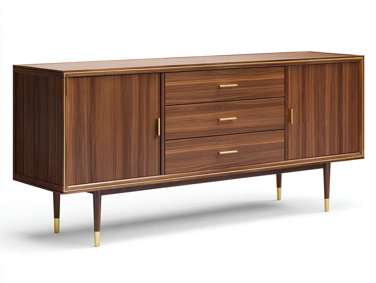 Aparador de madera nogal con 2 puertas 3 cajones centrales y detalles en latón 172 x 43 x 81 cm - para salón - estilo sofisticado de inspiración mid-century-Lariaihome
