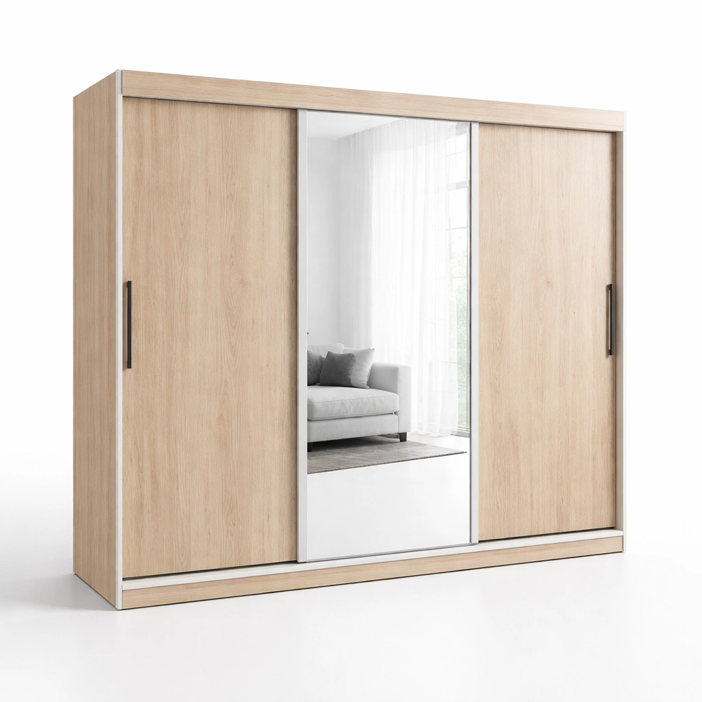 Kleiderschrank Holz Natur mit Schiebetueren und Spiegel Modern-avliron