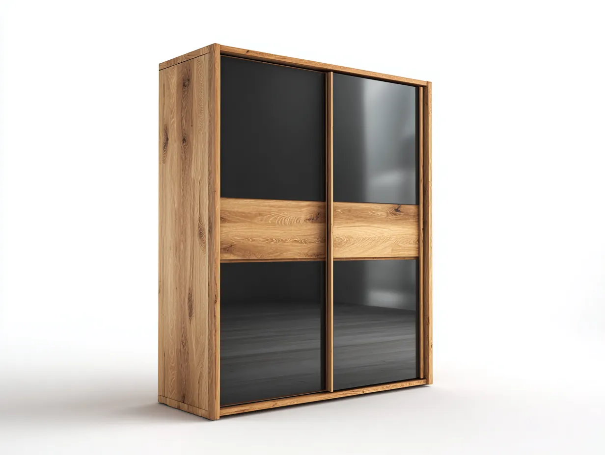 Kleiderschrank-Holz-Glas-Metall-155x62x190 cm-Eichefarben-Schwarz-Modernes Design-Micorlystudio