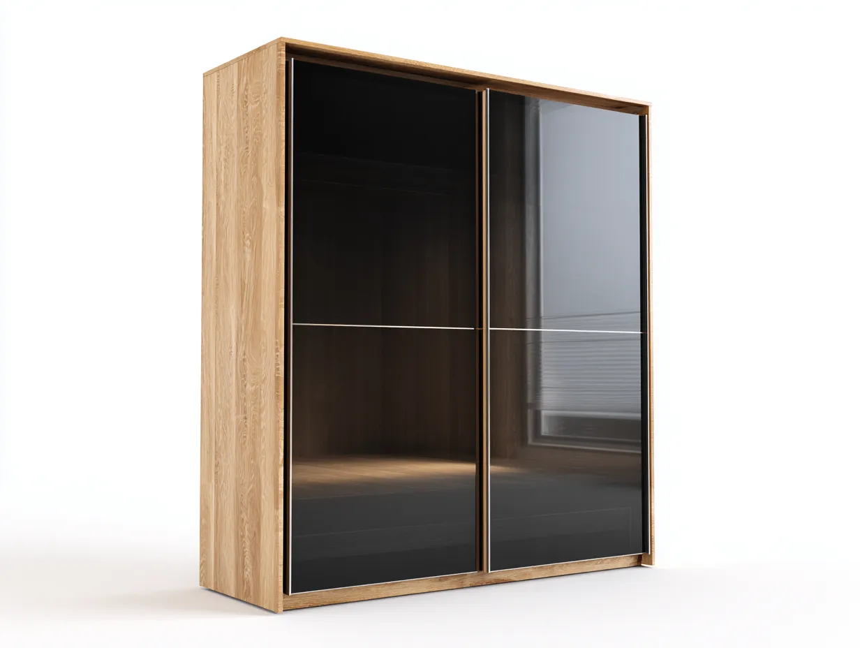 Kleiderschrank-Holz-Glas-Metall-150x65x200 cm-Eichefarben-Schwarz-Modernes Design-Micorlystudio