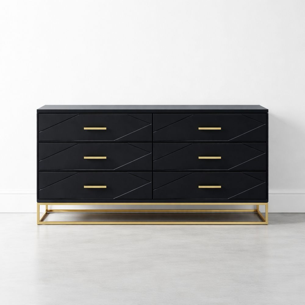 Black wooden six-drawer cabinet with metal base