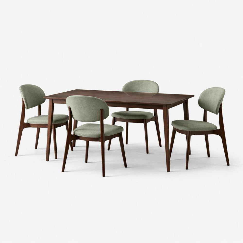 Wooden dining table and upholstered chair set in dark brown and green