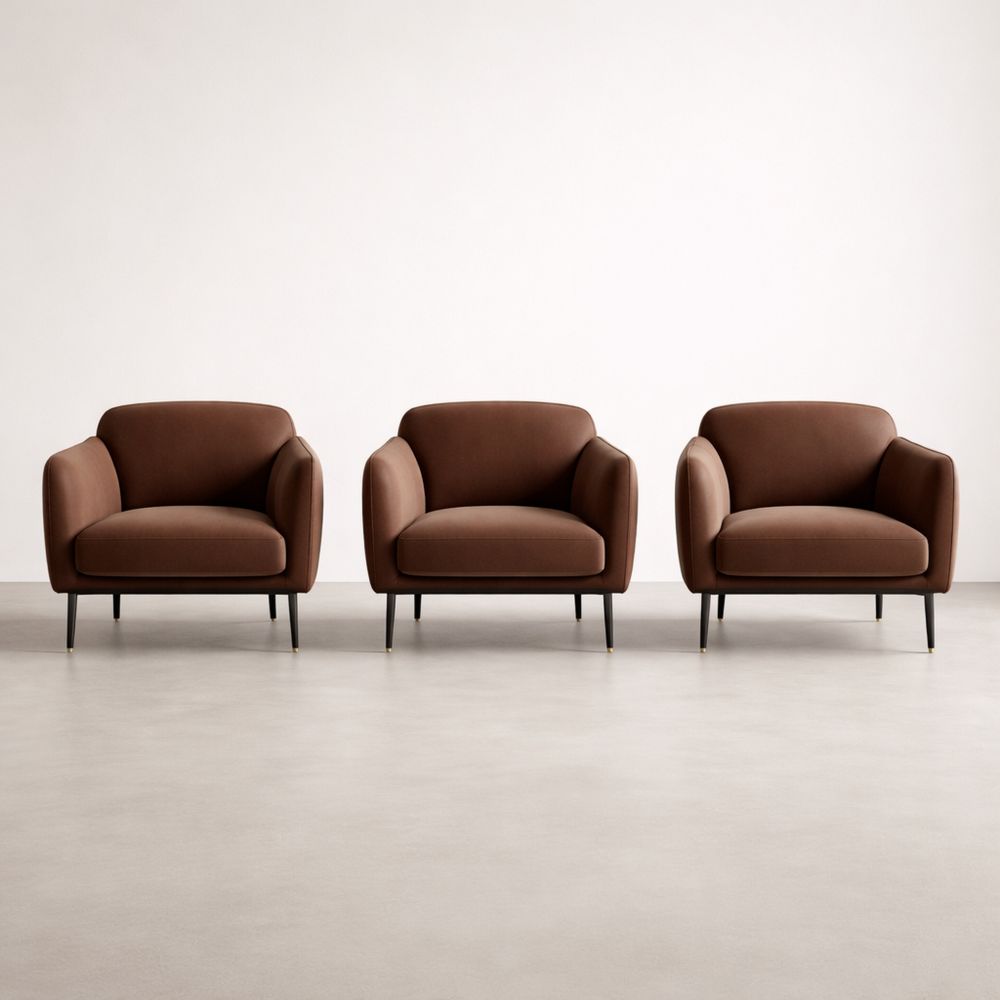 Set of 3 Brown Fabric Armchairs with Metal Legs