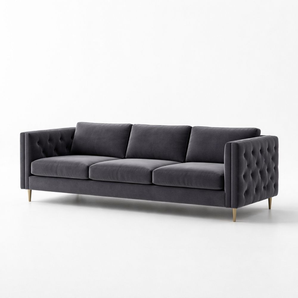 Velvet Upholstered Sofa Three Seater Grey