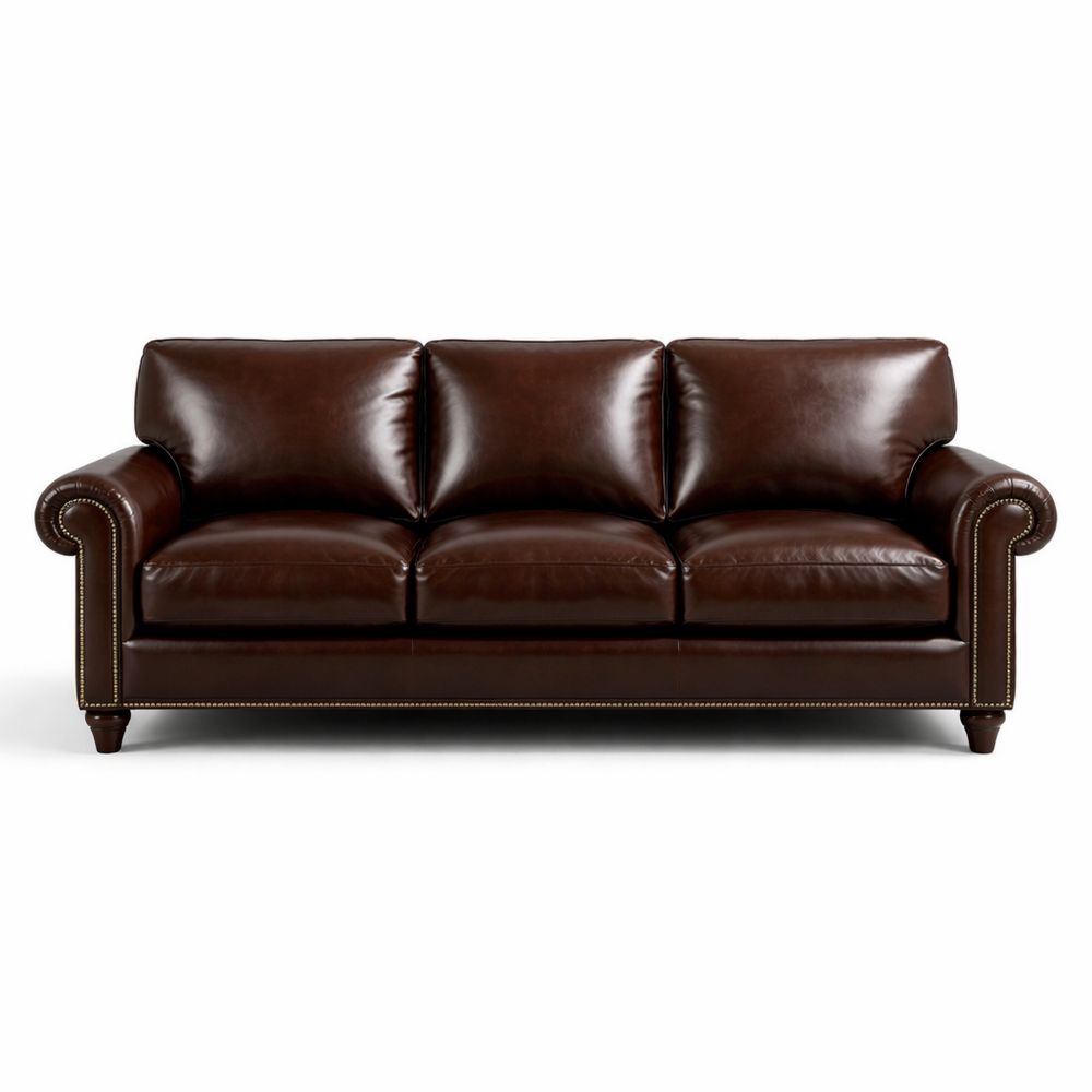 Brown Leather Three-Seater Sofa with Rolled Armrests