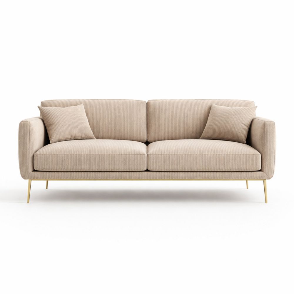 Beige polyester 2-seater sofa with metal legs, 220 cm