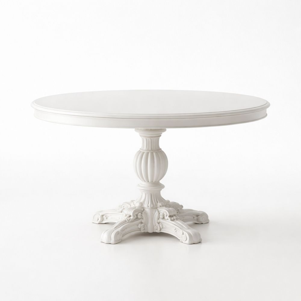 White Round Dining Table with Carved Wood Base