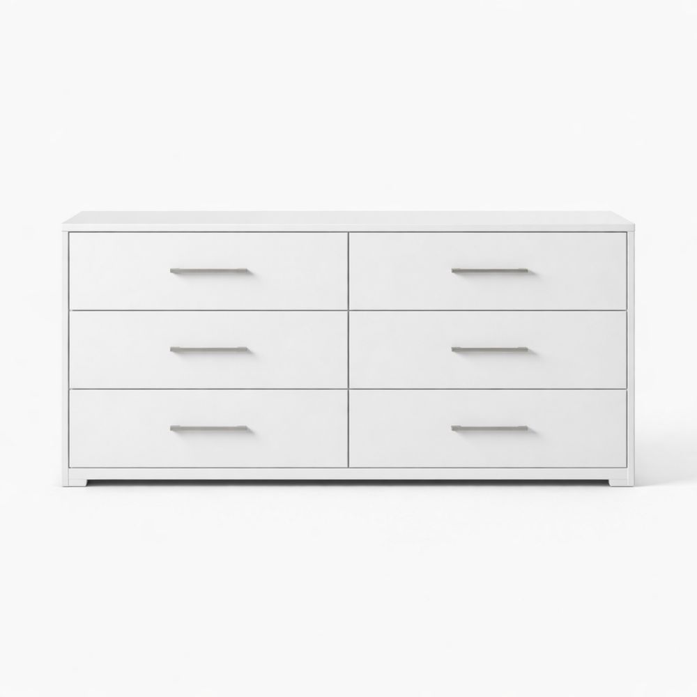 White wooden six-drawer cabinet, 153 cm × 45 cm × 75 cm