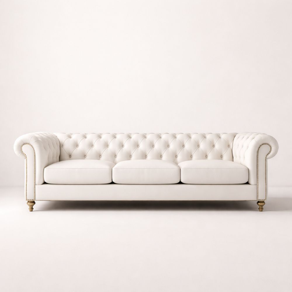 Chesterfield Sofa Leather Button Tufted Rolled Arms 228cm White