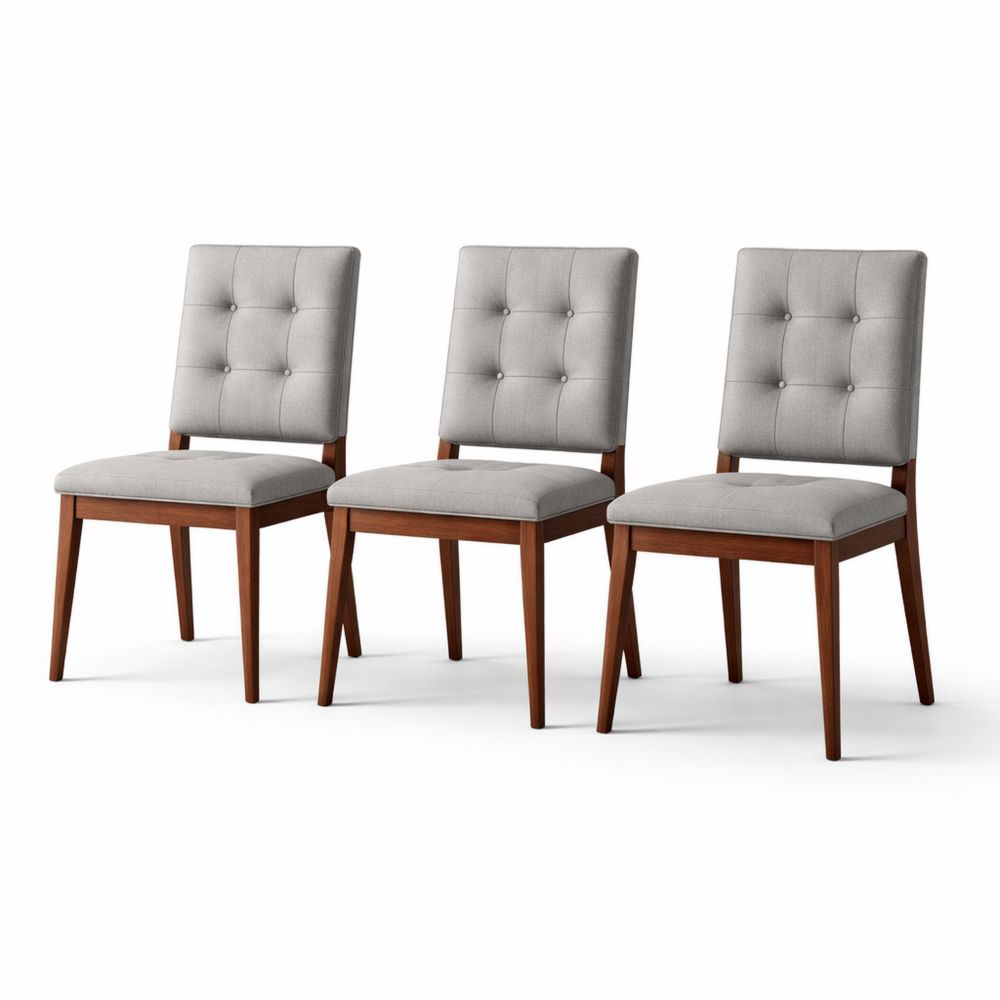 Set of 3 Upholstered Dining Chairs with Solid Wood Frame and Gray Fabric Cushion
