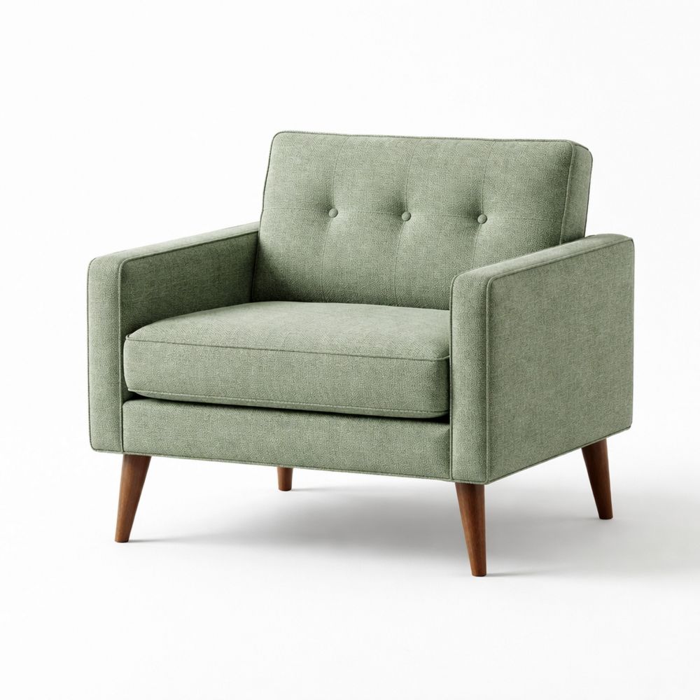 Green wooden legs armchair with polyester fabric upholstery