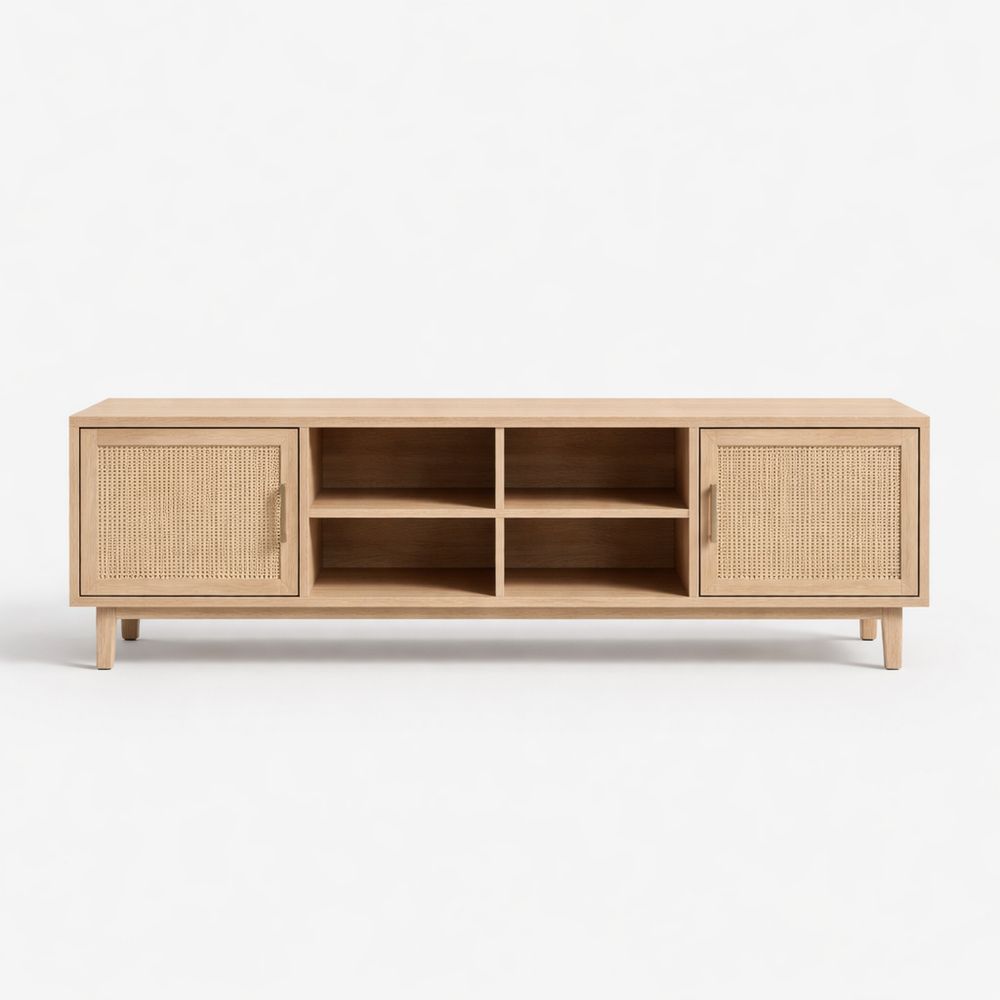 Oak Wood TV Stand with Rattan Doors and Shelves