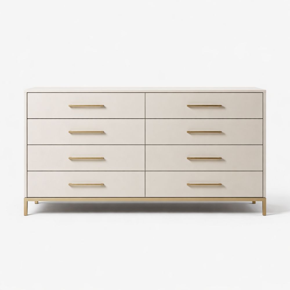 8 Drawer Solid Wood Dresser with Brass Handles Beige