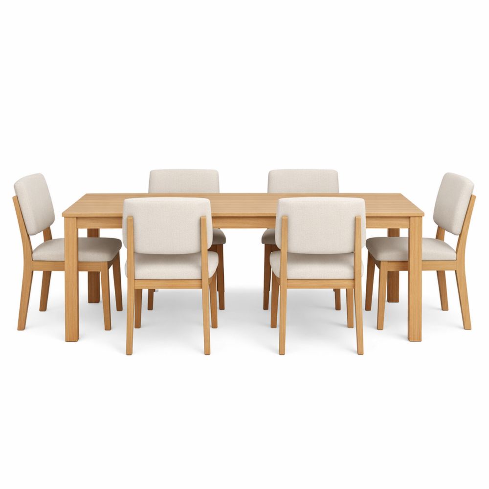 Wood Dining Table and Beige Fabric Chairs Set 150x90x75 cm