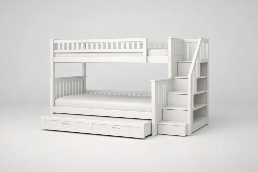 White Solid Wood Bunk Bed with Storage Drawers and Staircase