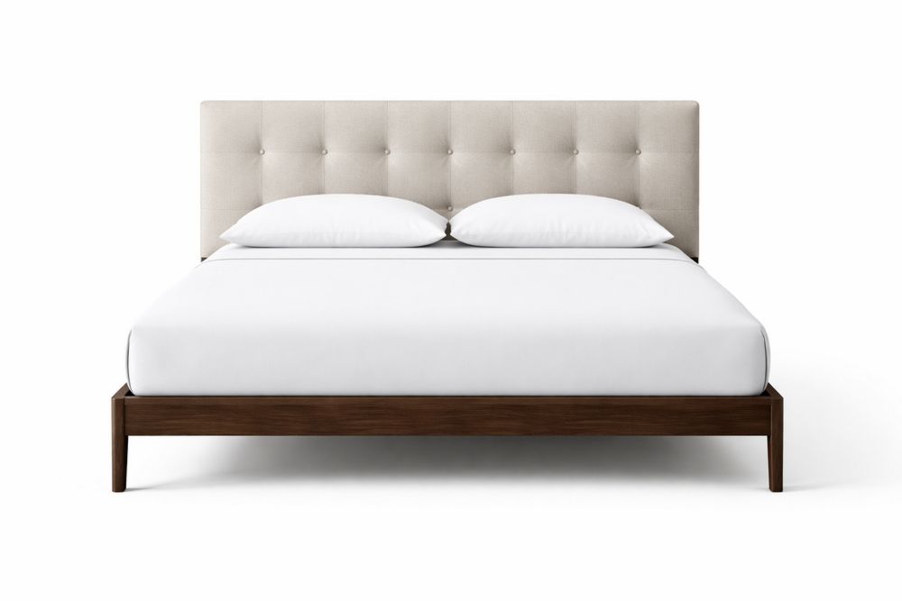 Upholstered Platform Bed Solid Wood Frame with Linen Headboard Queen Size Beige