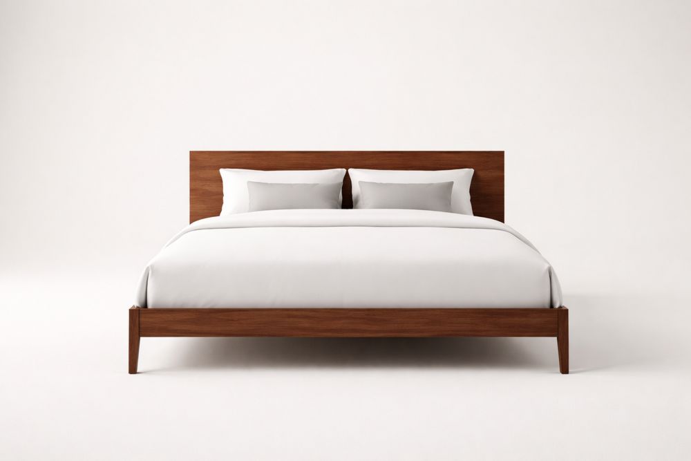Solid wood Full-Size Bed Frame with Headboard and White Cotton Bedding
