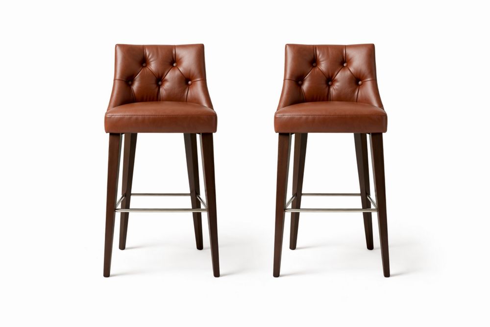 Set of 2 Faux Leather Bar Stools with Solid Wood Legs and Button Tufted Backrest Brown