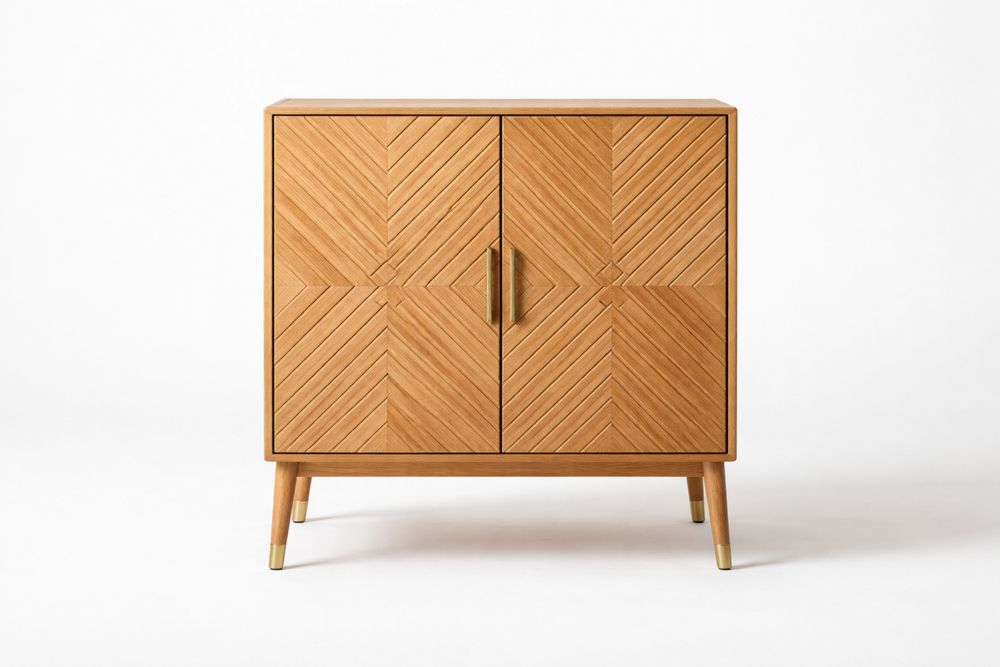 Solid Oak Wood Sideboard with Chevron Pattern Doors and Brass Accents