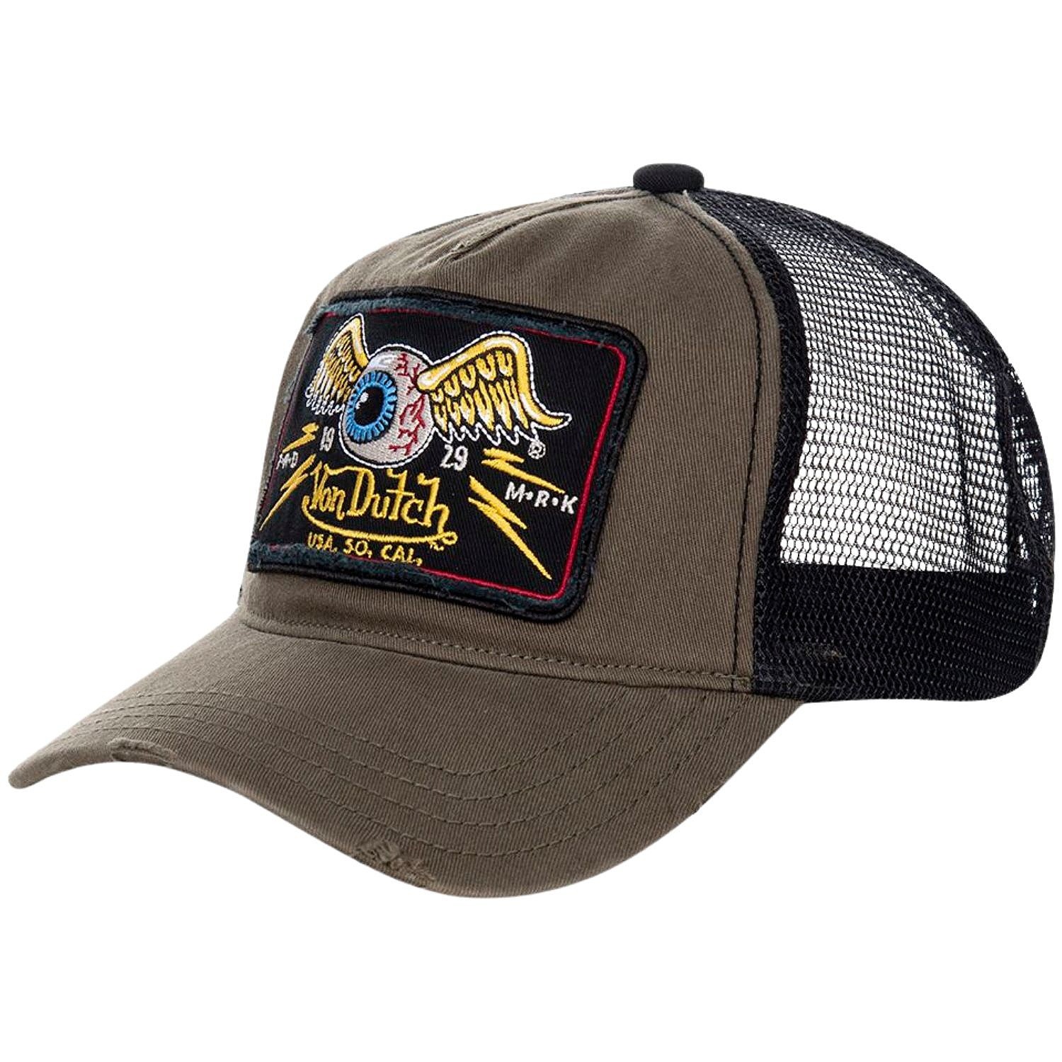 Von Dutch Square Patch Distressed Olive Trucker Snapback Cap