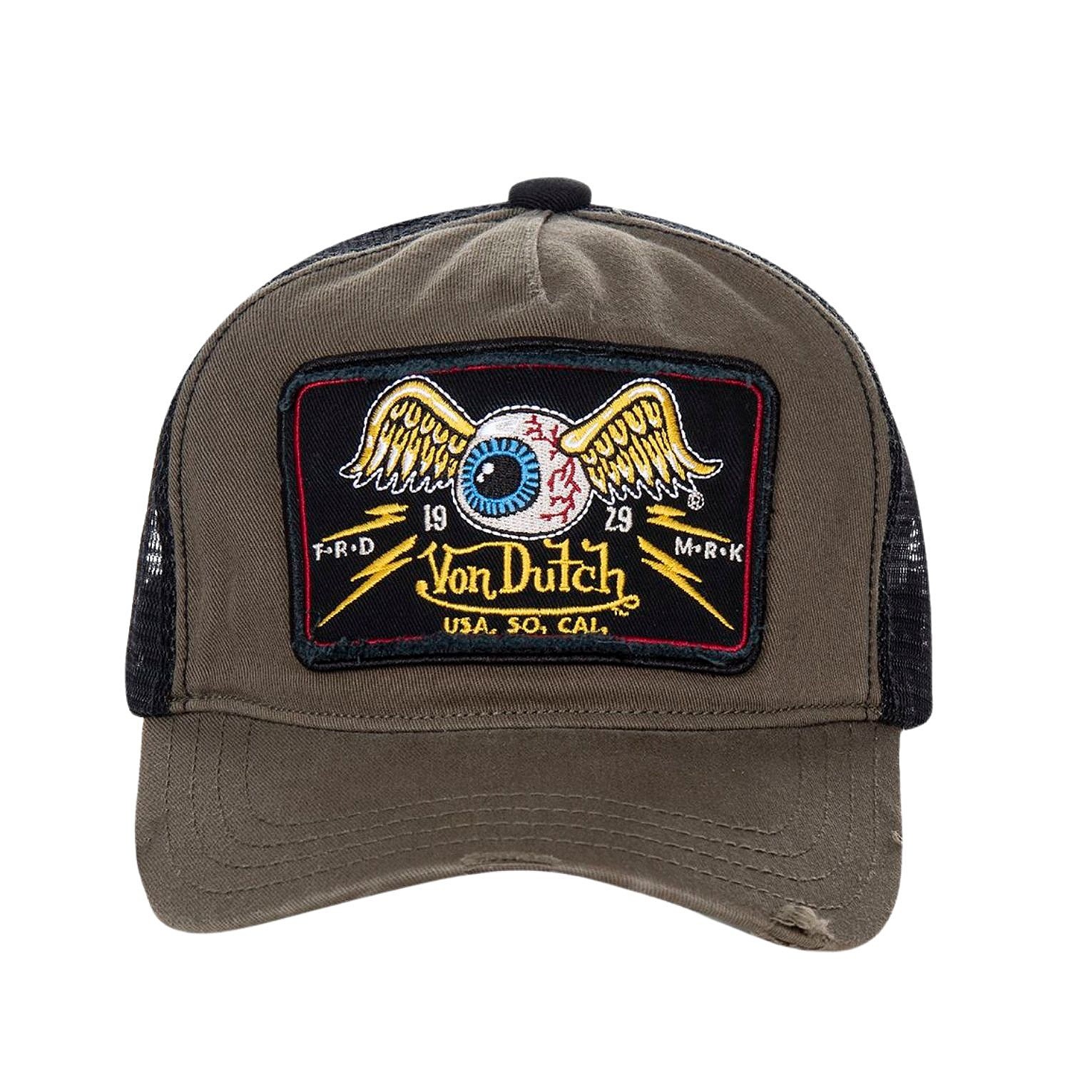 Von Dutch Square Patch Distressed Olive Trucker Snapback Cap