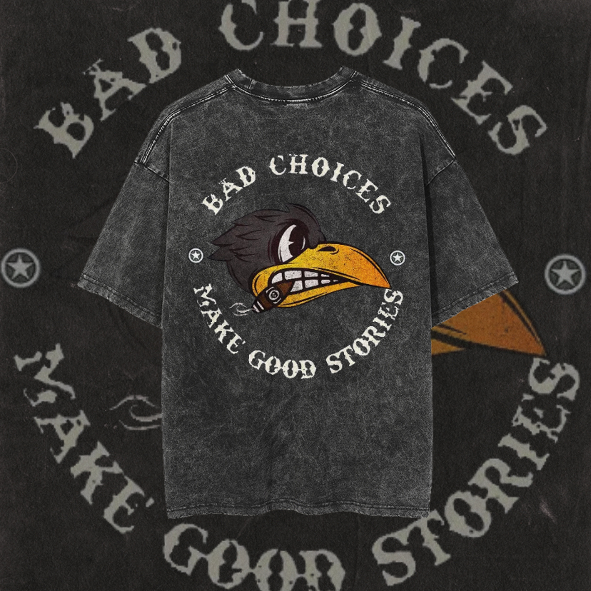 BAD CHOICES MAKE GOOD STORIES Smoking Crow Print Men's Washed T-shirt