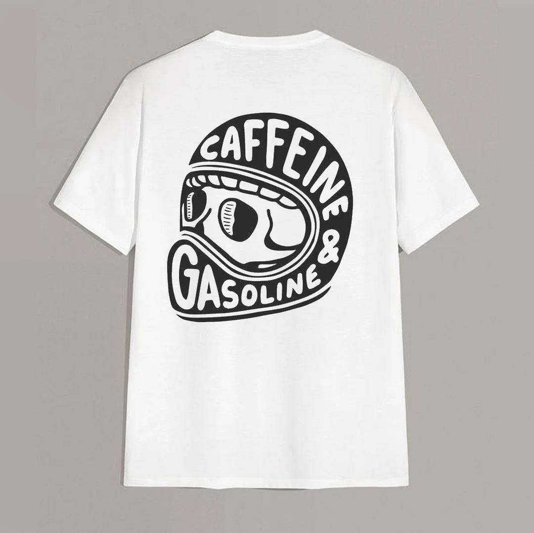 Modern Orange or Black Caffeine & Gasoline White Print T-shirt