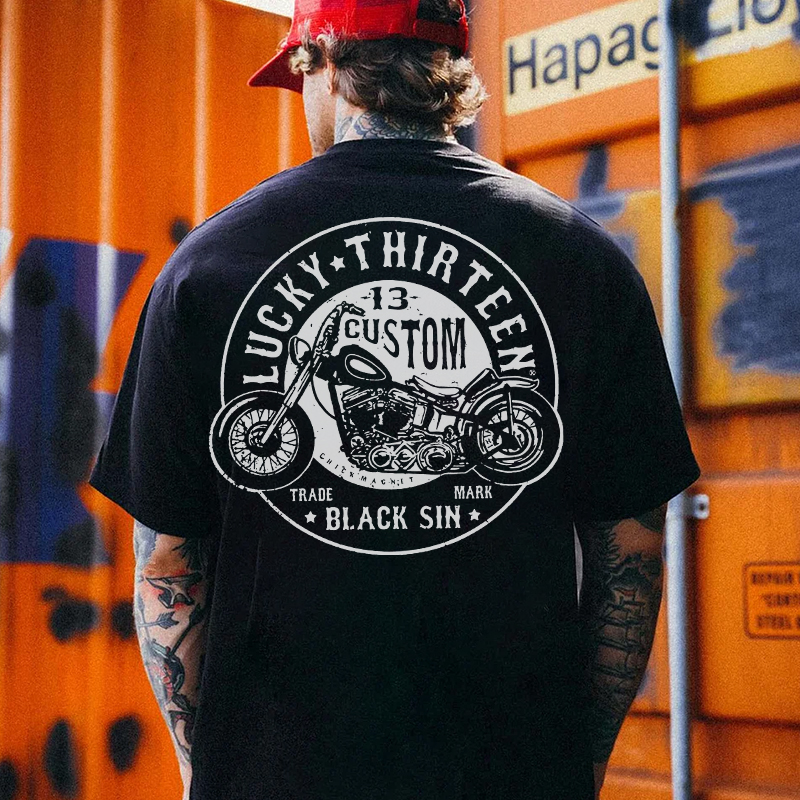 LUCKY THIRTEEN Motorcycle Black Print T-shirt