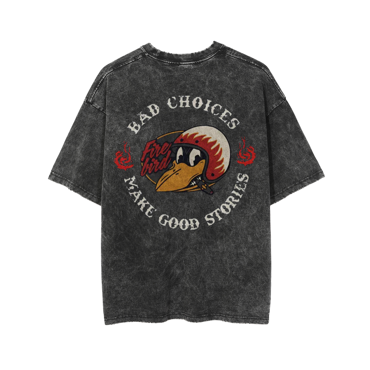 BAD CHOICES MAKE GOOD STORIES Fire Bird Black Print Washed T-shirt