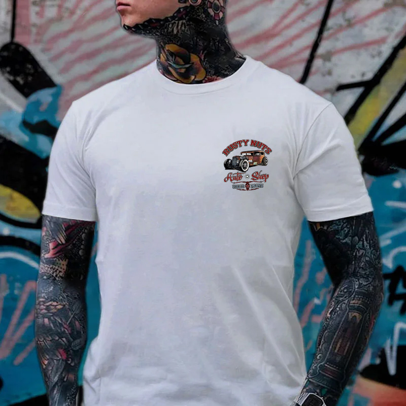 RUSTY NUTS AUTO SHOP Classic Car Print Men's T-shirt