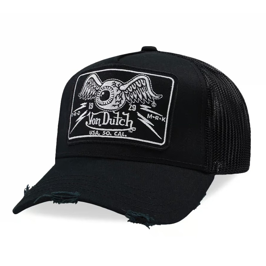 Von Dutch Square Patch Distressed Black Trucker Snapback Cap