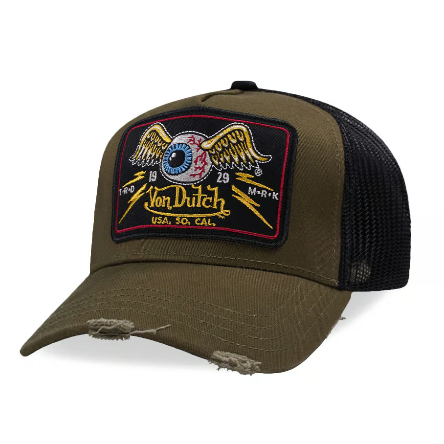 Von Dutch Square Patch Distressed Olive Trucker Snapback Cap