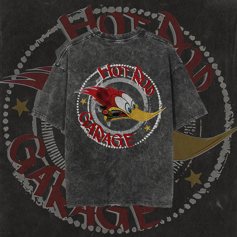 HOT ROD GARAGE White Print Washed T-shirt