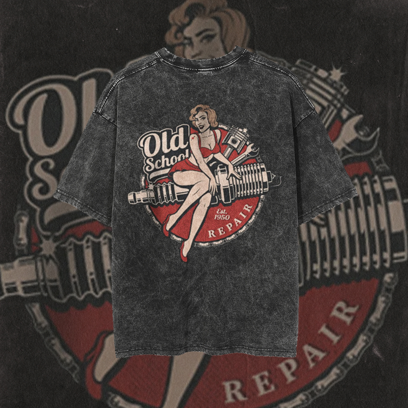OLD SCHOOL Motorcycle Lady Black Print Washed T-shirt