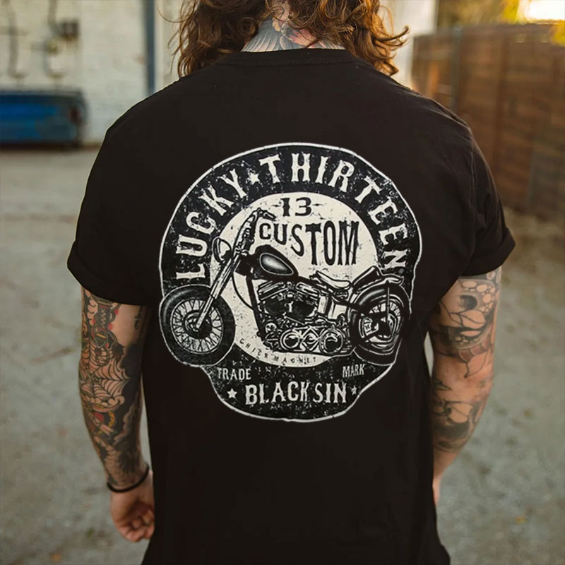 LUCKY THIRTEEN Motorcycle Black Print T-shirt