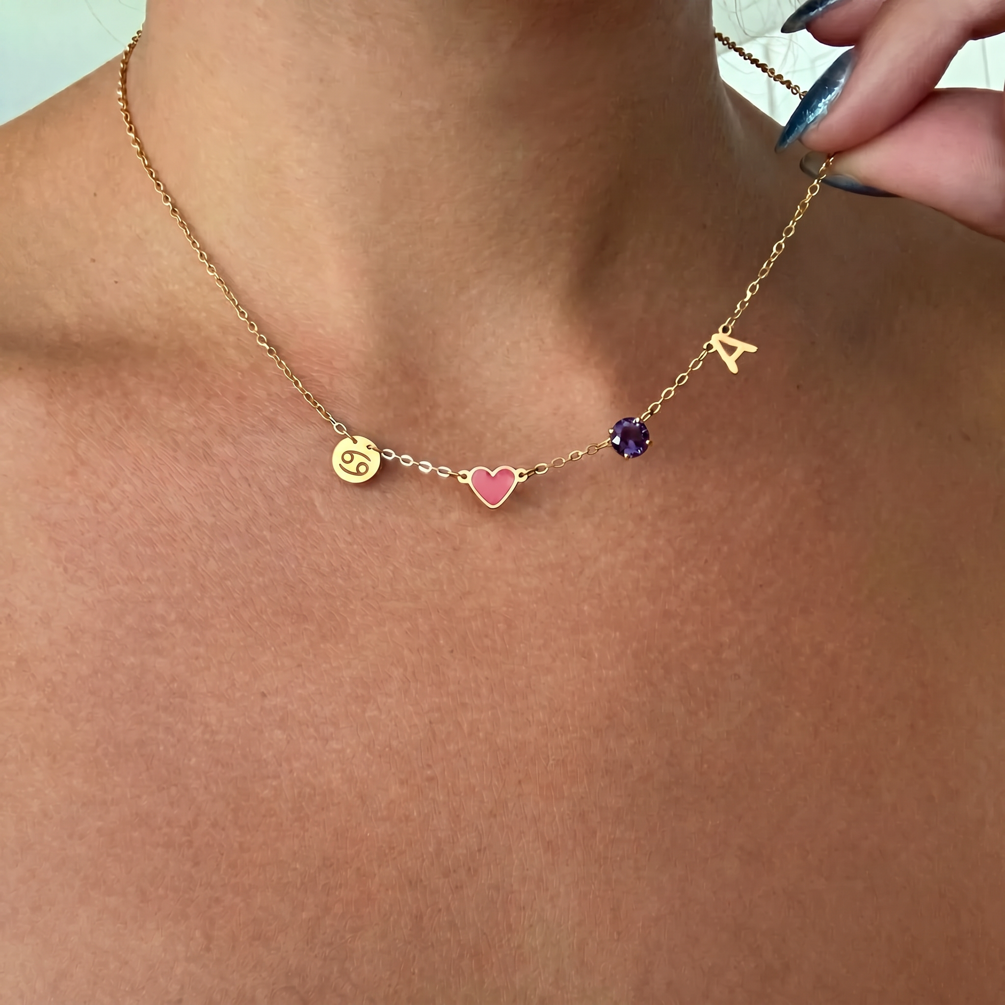 [Alphabet Heart Necklace] Set with Birthstones and Zodiac Motifs