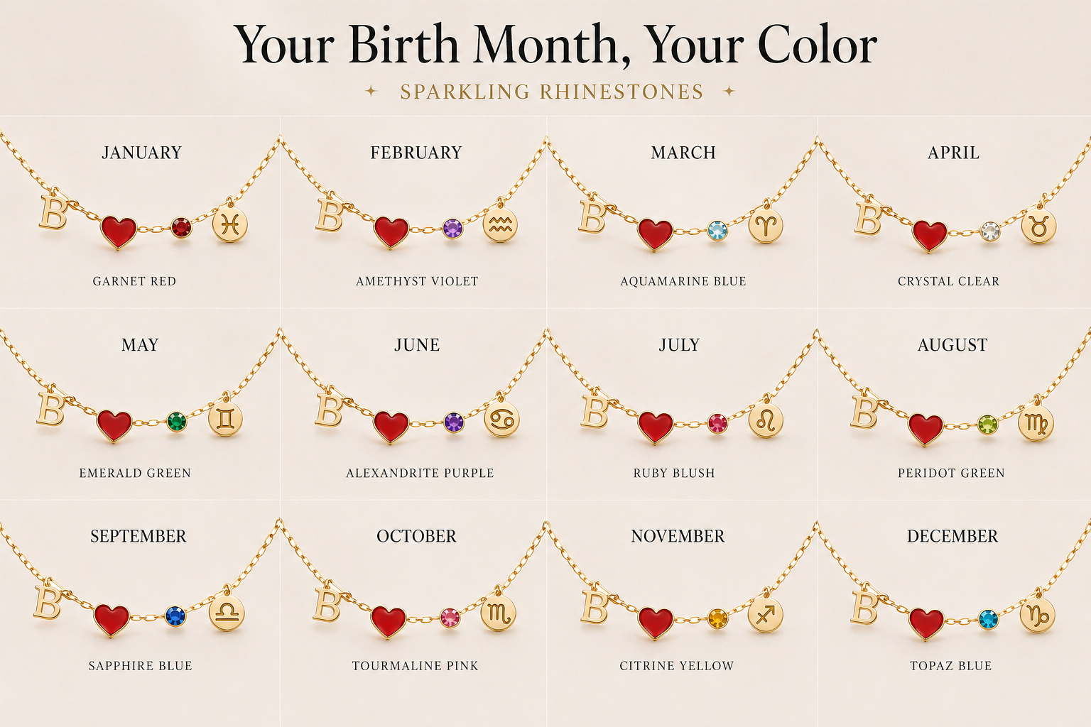 [Alphabet Heart Necklace] Set with Birthstones and Zodiac Motifs