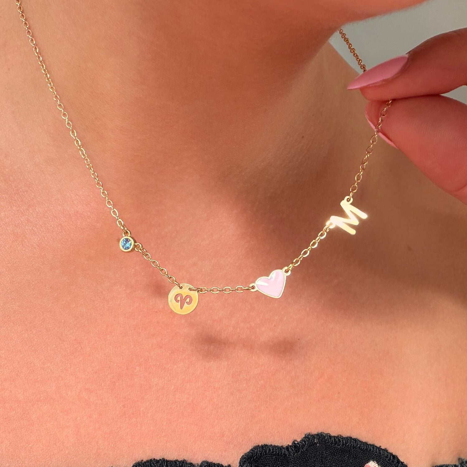 [Alphabet Heart Necklace] Set with Birthstones and Zodiac Motifs