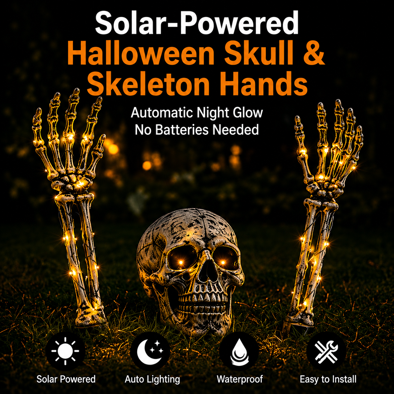 Solar-Powered Halloween Skull & Skeleton Hands Garden Decor | Auto Light-Up Yard Display