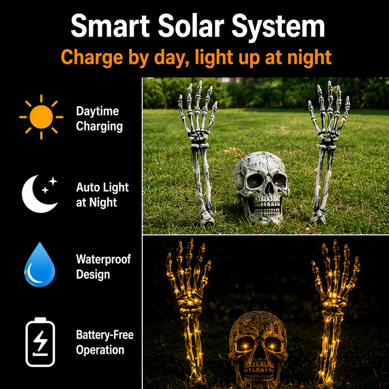 Solar-Powered Halloween Skull & Skeleton Hands Garden Decor | Auto Light-Up Yard Display