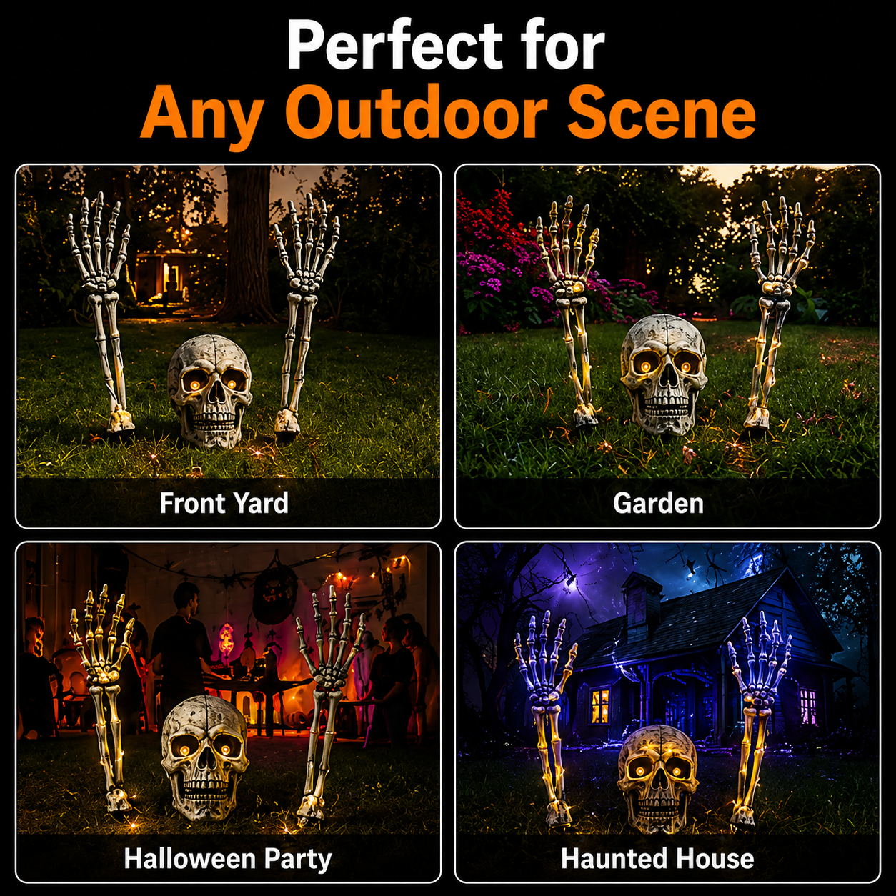 Solar-Powered Halloween Skull & Skeleton Hands Garden Decor | Auto Light-Up Yard Display