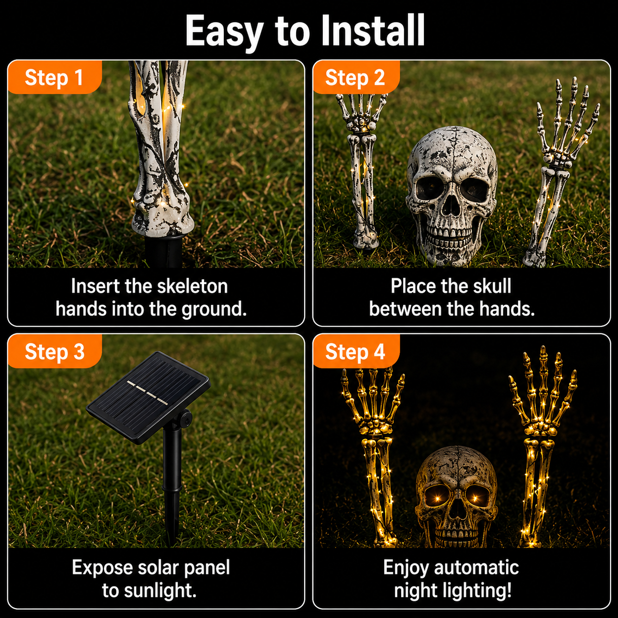 Solar-Powered Halloween Skull & Skeleton Hands Garden Decor | Auto Light-Up Yard Display