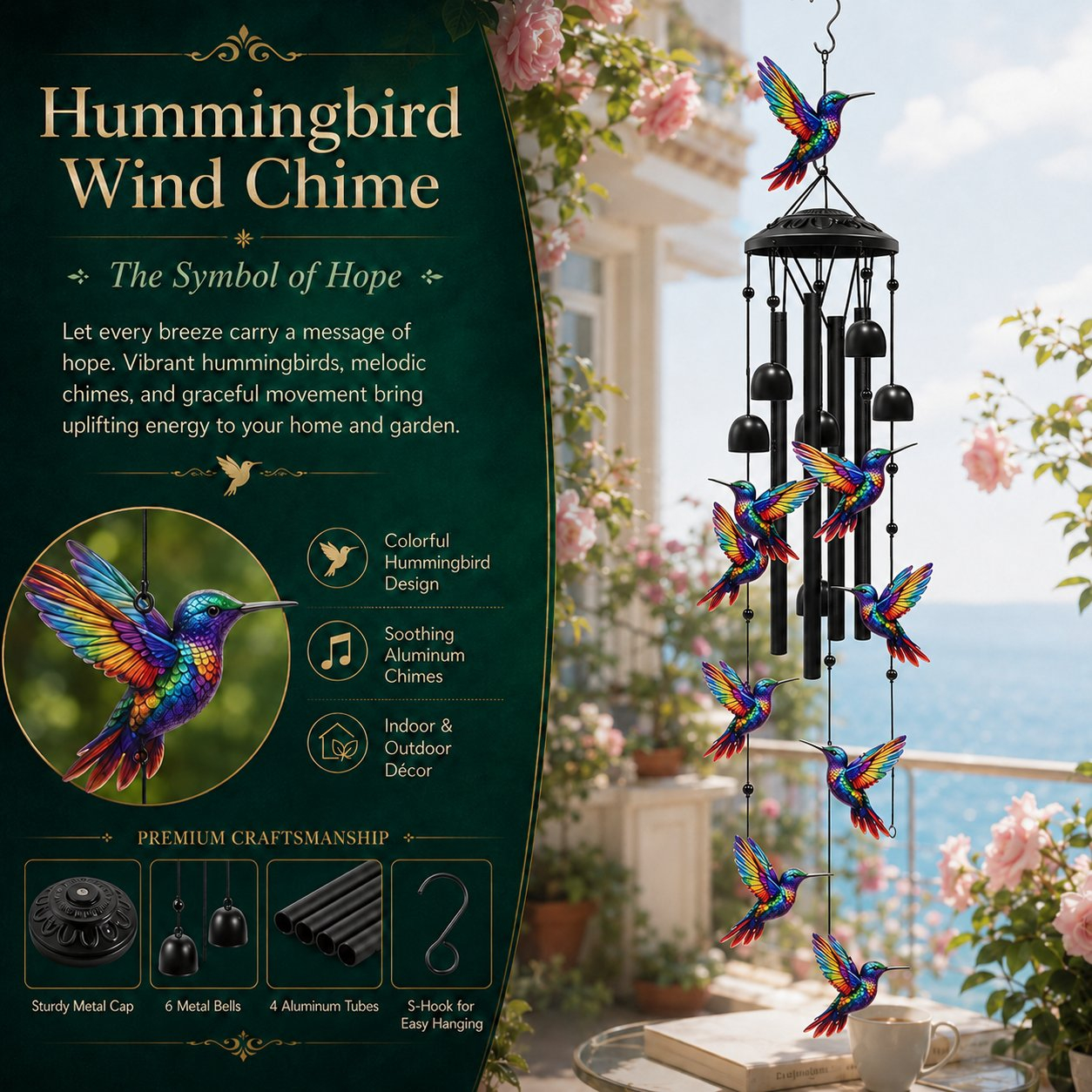 🔥Last Day 70% OFF🐦Vintage Colorful Hummingbird Wind Chime with Metal Tubes and Bells