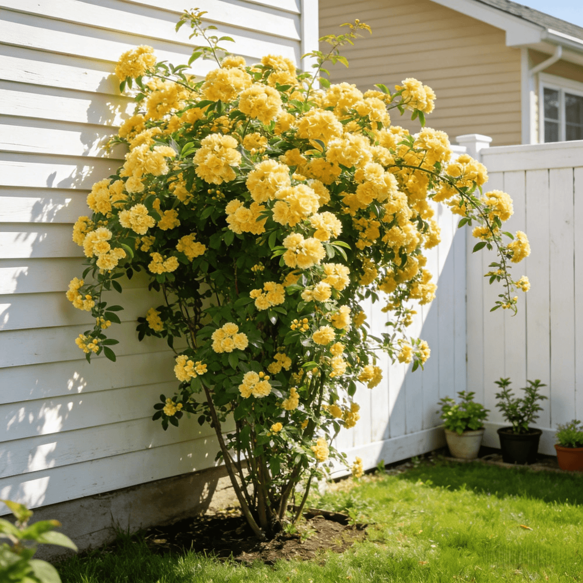 💛 Žltá banksia, popínavá rastlina – vytvára úchvatné kvetinové steny, ľahko sa pestuje v kvetináčoch, na dvoroch aj balkónoch.